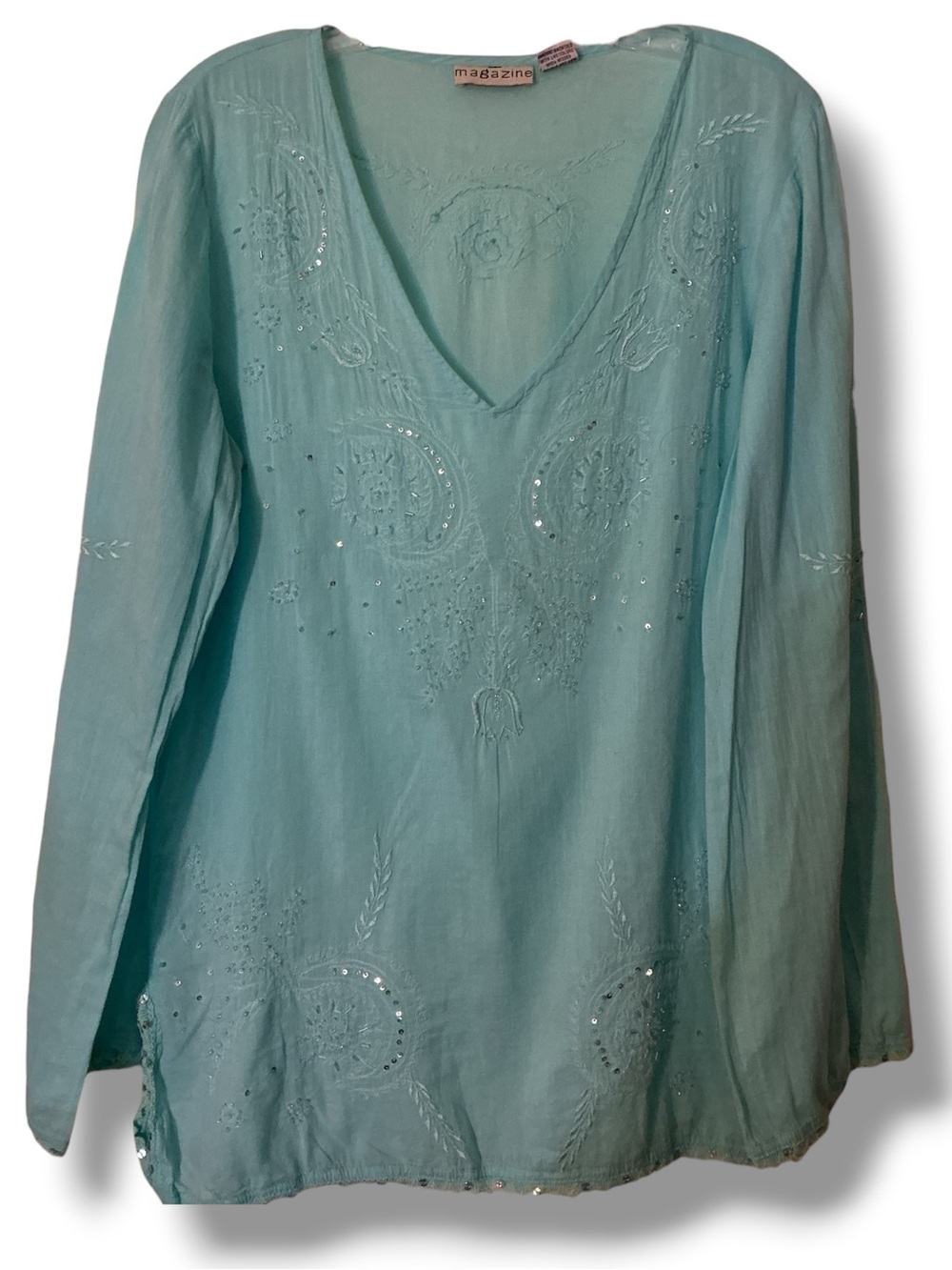 Magazine Aqua V-Neck Embroidered Sheer Long-Sleeve Paisley Sequin Tunic